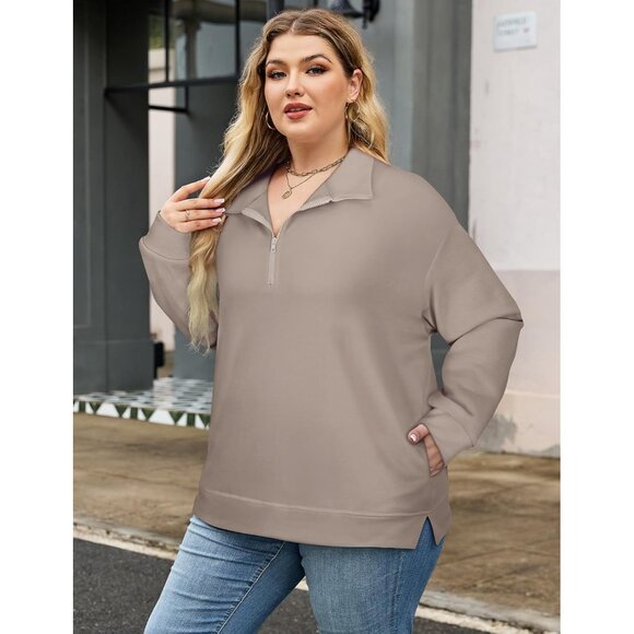 Plus Size Sweatshirt Women Polyester Spandex Pockets Quarter Zip Oversized - Picture 2 of 7